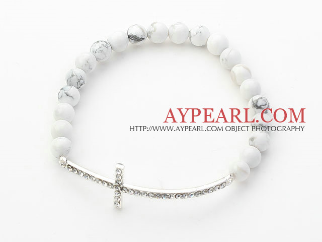 Seria alb 6mm Howlite și laterale / Side Way alb stras cruce brățară Stretch