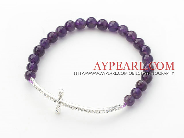 Purple Series 6mm Amethyst og Sideway / Side Way Hvit Rhinestone Cross Stretch Bracelet