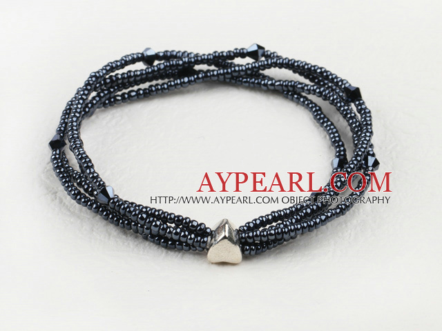 elastic four strand black crystal and glass beads bracelet
