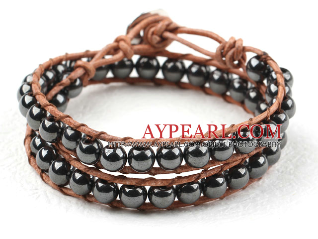 Two Rows Round Hematite Beads Woven Wrap Bangle Bracelet with Metal Clasp