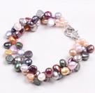 Fashion Multi Strand Multi Color Natural Freshwater Pearl Bracelet With Big Lobster Clasp