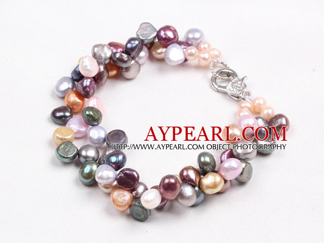 Fashion Multi Strand Multi Color Natural Freshwater Pearl Bracelet With Big Lobster Clasp