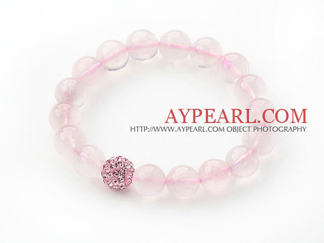 Pink Series 10mm Round Madagascar Rose Quartz and Rhinestone Beaded Stretch Bracelet