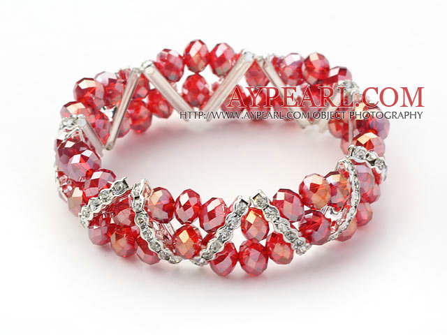 Two Rows Red Jade Crystal Stretch Bangle Bracelet with Rhinestone