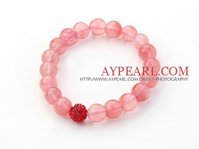 Hot Pink Series 10mm Round Cherry Quartz and Rhinestone Beaded Stretch Bracelet