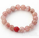 Light Pink Series 10mm Round Strawberry Quartz and Rhinestone Beaded Stretch Bracelet