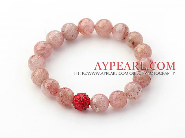 Light Pink Series 10mm Round Strawberry Quartz and Rhinestone Beaded Stretch Bracelet