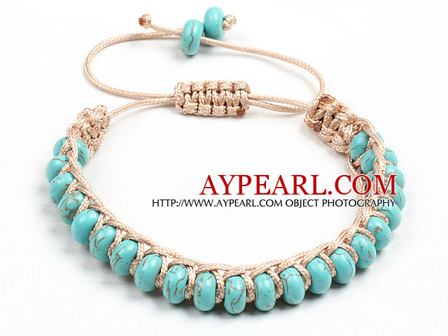 Classic Design Abacus Shape Turquoise Light Brown Thread Woven Adjustable Drawstring Bracelet