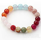 Assorted Multi Color Rose Quartz and Agate and Strawberry Quartz and Serpentine Jade and Rhinestone Beaded Stretch Bracelet