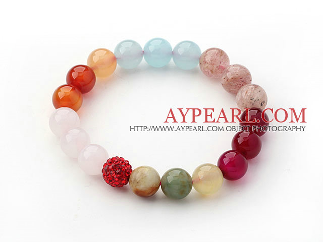 Assorted Multi Color Rose Quartz and Agate and Strawberry Quartz and Serpentine Jade and Rhinestone Beaded Stretch Bracelet