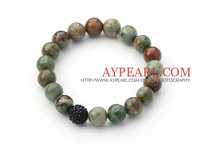 Green Series 10mm Round Green Opal and Rhinestone Beads Adjustable Drawstring Bracelet