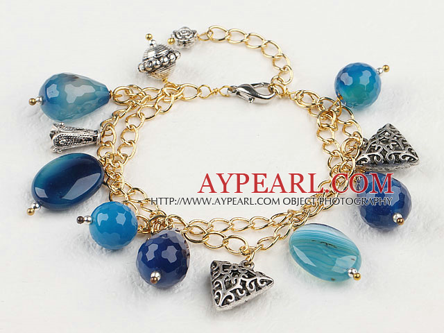 double strand blue agate bracelet with gold color extendable chain двойная нить голубой агат браслет с золотой цвет расширяемый цепи
