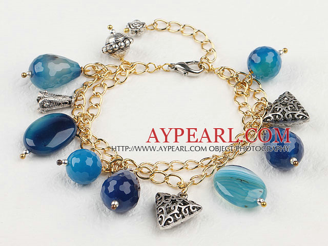 Doppelstrang blaue Achat Armband mit Goldfarbe erweiterbar Kette