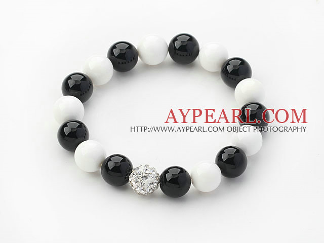 Black Series 10mm Round Black Agate and White Porcelain Stone and Rhinestone Beads Adjustable Drawstring Bracelet