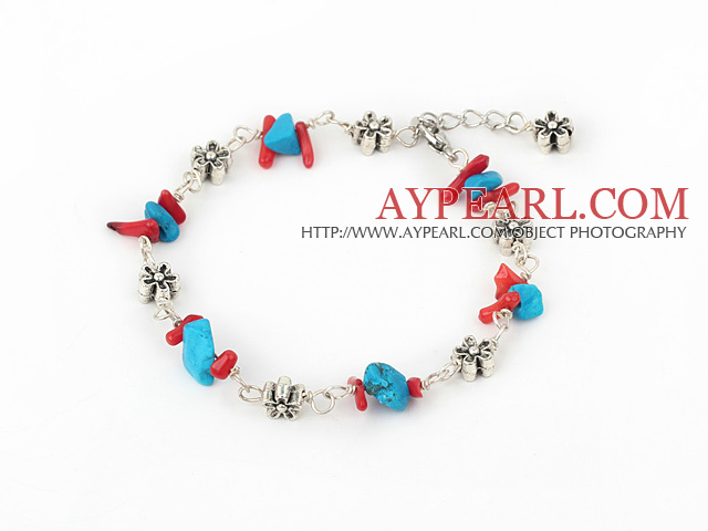 blue turquoise red coral chips bracelet with extendable chain