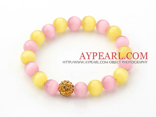 10mm Pink and Yellow Color Cats Eye and Rhinestone Beaded Stretch Bracelet