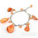 Fashion Orange Color Freshwater Pearl And Shell Link Bracelet With Extendable Chain