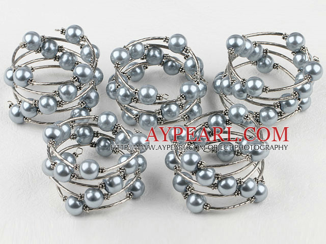Fashion 5 Pcs 12Mm Round Gray Acrylic Manmade Pearl Wrap Wired Bangle Bracelet
