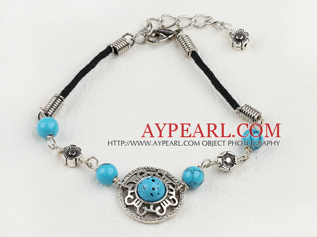 Vintage Round Blue Turquoise Donut Flower Metal Charm Bracelet With Extendable Chain