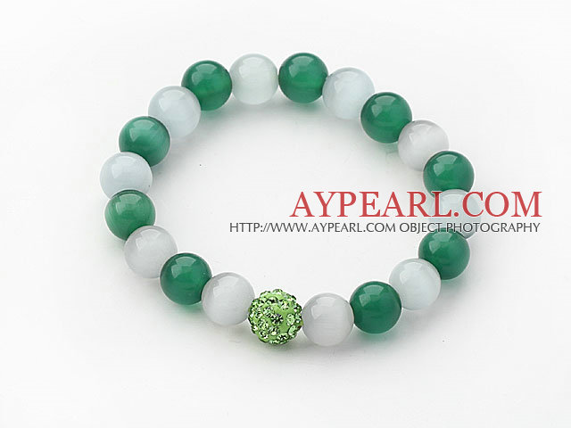 10mm grünen und grauen Farbe Cats Eye Perlen und Strass Stretch Armband