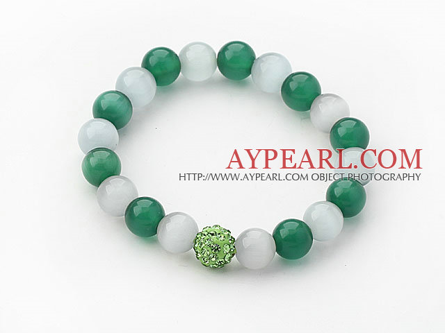 10mm Green and Gray Color Cats Eye and Rhinestone Beaded Stretch Bracelet