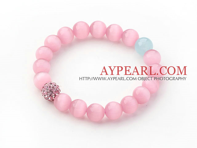 10mm Pink Color Cats Eye and Rhinestone Beaded Stretch Bracelet
