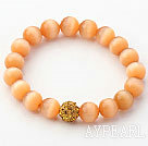 10mm Orange Color Cats Eye and Rhinestone Beaded Stretch Bracelet