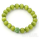 10mm Grass Green Color Cats Eye and Rhinestone Beaded Stretch Bracelet