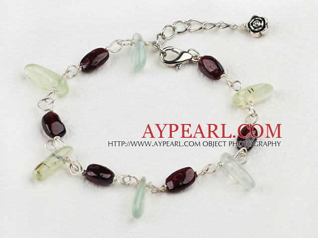 Nice Teeth Shape Green Rutilated Quartz And Oval Garnet Loop Bracelet With Extendable Chain