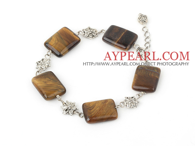 Wonderful Rectangle Tiger Eye Bracelet Flower Charm With Extendable Chain