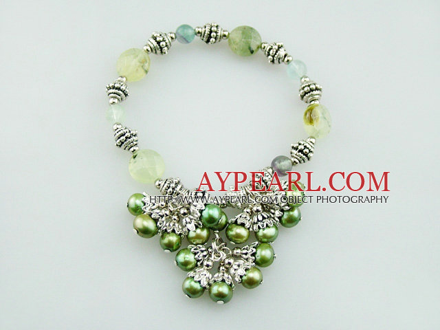 Fashion Green Series Freshwater Pearl And Rutilated Quartz Cluster Metal Charm Bracelet