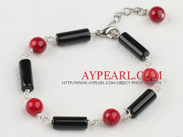 Elegant Round Bloodstone And Black Cylinder Shape Agate Bracelet With Extendable Chain