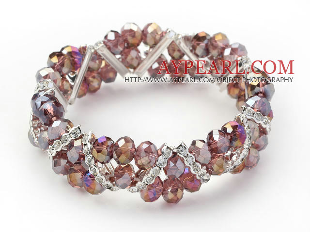 Two Rows Light Purple Jade Crystal Stretch Bangle Bracelet with Rhinestone