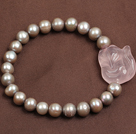 Simple Elegant Style Natural Grey Freshwater Pearl Elastic/ Stretch Bracelet With Rose Quartz Fox Charm