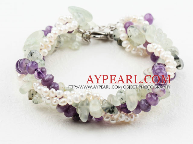 Four Strands White Freshwater and Amethyst and Prehnite Bracelet