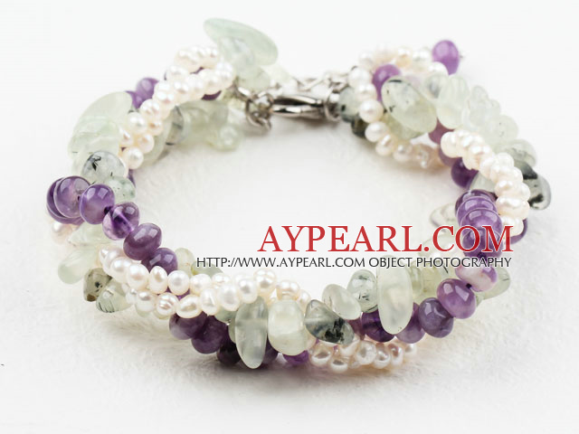 Fire Strands Hvit Ferskvann og Amethyst og Prehnite armbånd