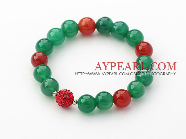 Green Series 10mm Green Agate and Carnelian and Rhinestone Beaded Stretch Bracelet