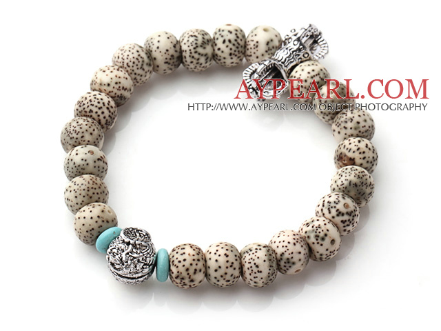 Vintage Style Single Strand Leaves the Bodhi Beads Elastic Bracelet with amulet charms