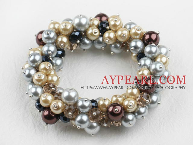 multi strand crystal and shell beads elastic bracelet