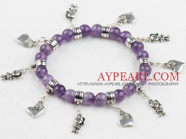 8mm faceted natural amethyst bracelet with heart charms