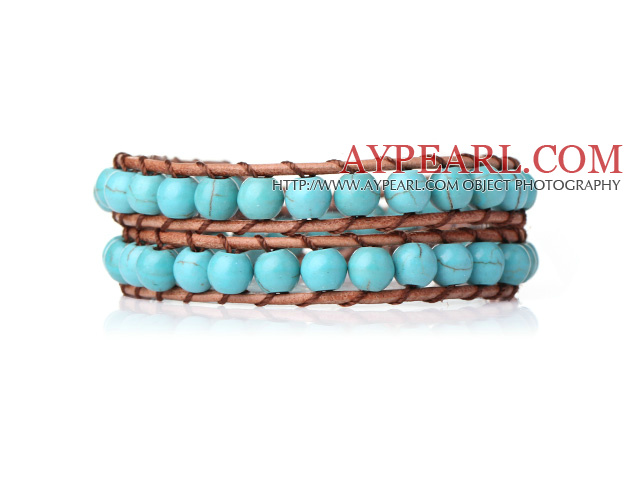 Deux rangées Perles Rondes Turquoise Bracelet tissé Wrap avec fermoir en métal