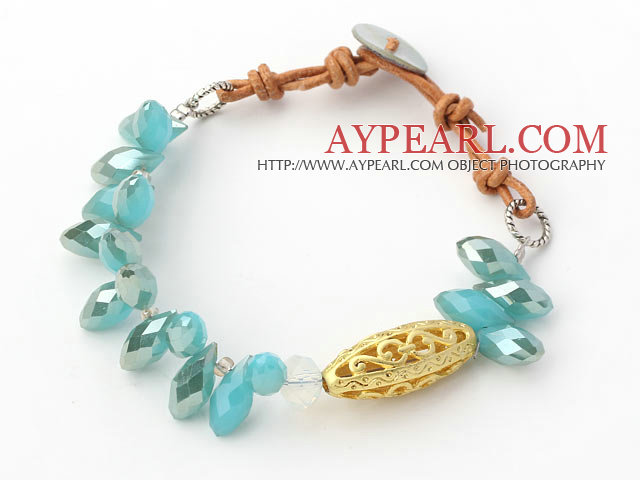 New Design Lake blå Jade Crystal og Imitation Gold tilbehør armbånd med brunt skinn Cord
