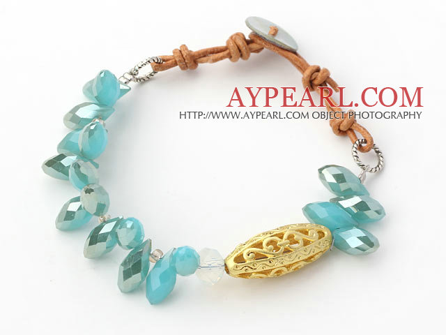 New Design Lake Blue Jade Crystal and Imitation Gold Accessory Bracelet with Brown Leather Cord