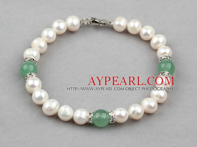 White Freshwater Pearl and Aventurine Bracelet with Rhinestone