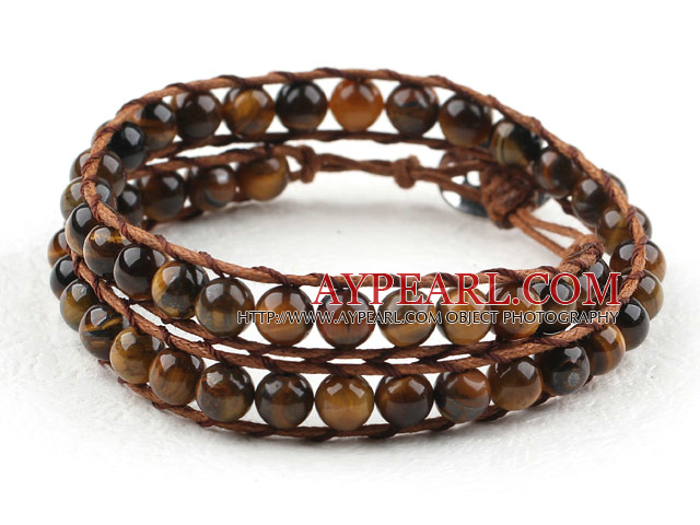 Deux rangées d'oeil de tigre Bracelet tissé ronde Wrap Bracelet avec fermoir en métal