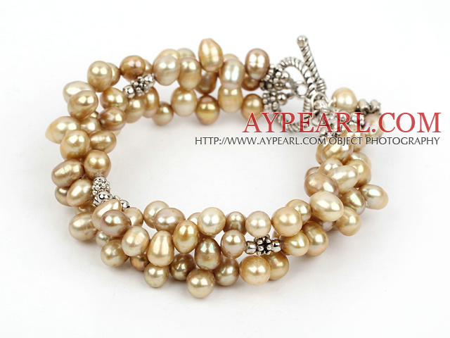 Fashion Multi Strand Golden Brown Renewable Pearl Bracelet With Toggle Clasp