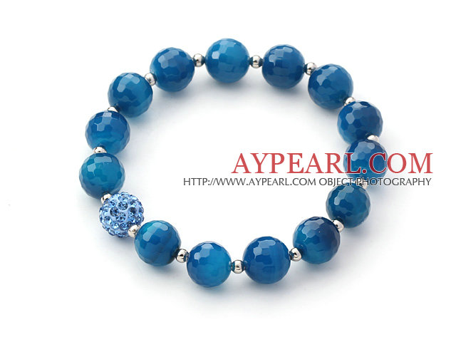 Blue Series 10mm Faceted Blue Agate and Rhinestone Beaded Stretch Bracelet