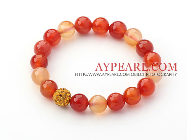 Orange Series 10mm Orange Color Agate and Rhinestone Beaded Stretch Bracelet