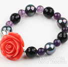 Muschel Perlen balck Achat und Amethyst elastische Armband mit Blume