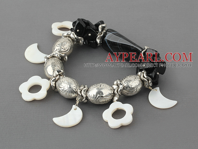 black agate white shell and tibet silver bracelet
